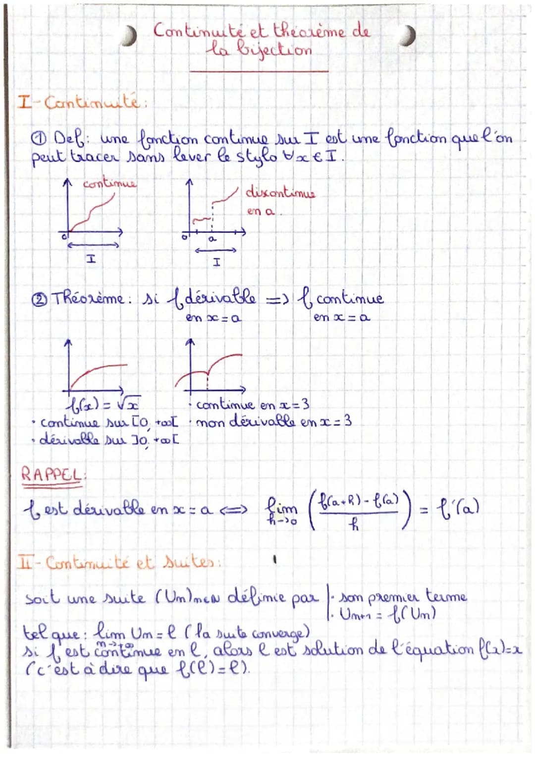 Continuité et the crème de
la bijection
I-Continuite:
Def: une fonction continue sur I est une fonction que l'on
peut tracer sans lever le s
