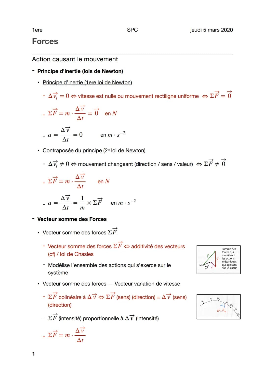 1ere
Forces
1
Action causant le mouvement
Principe d'inertie (lois de Newton)
Principe d'inertie (1ere loi de Newton)
-A=0 vitesse est nulle