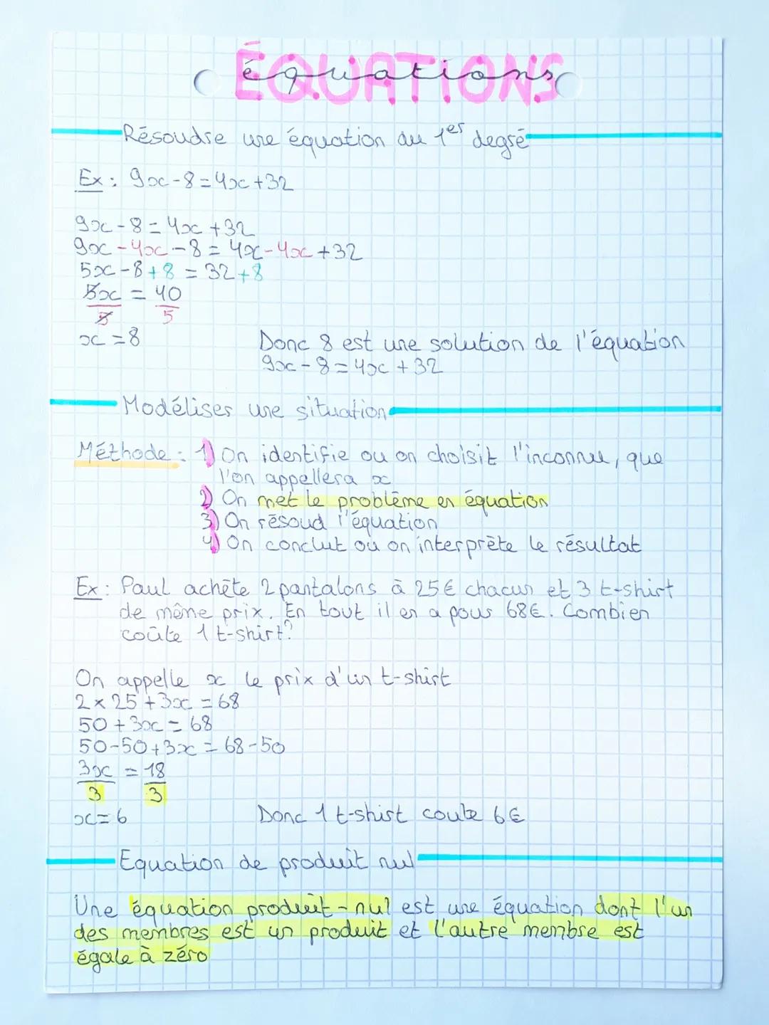 # équations

- Résoudre ure équation du 1er degré

Ex: $900-8=400+32$

$9x-8=4x+32$
$90x-400-8=4x-4x+32$
$50-8+8=32+8$
$Box = \frac{40}{5}$

