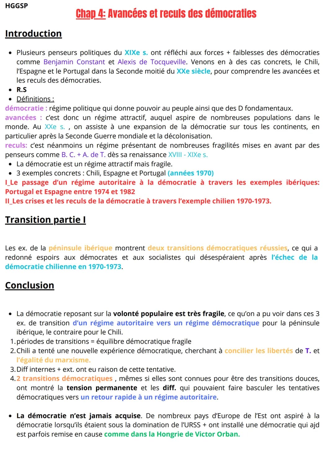 HGGSP
Chap 4: Avancées et reculs des démocraties
Introduction
• Plusieurs penseurs politiques du XIXe s. ont réfléchi aux forces + faiblesse