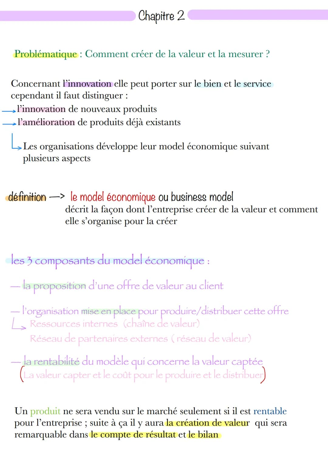 Chapitre 2
Problématique : Comment créer de la valeur et la mesurer ?
Concernant l'innovation elle peut porter sur le bien et le service
cep