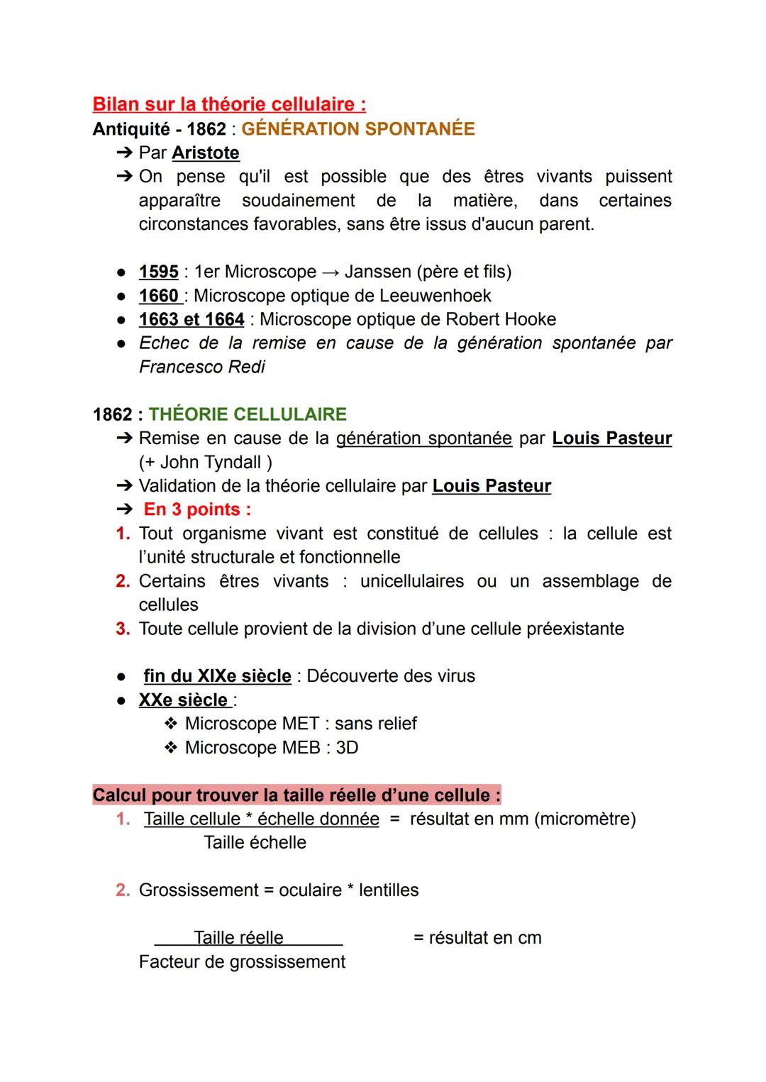 Bilan sur la théorie cellulaire :
Antiquité - 1862: GÉNÉRATION SPONTANÉE
→ Par Aristote
→ On pense qu'il est possible que des êtres vivants 