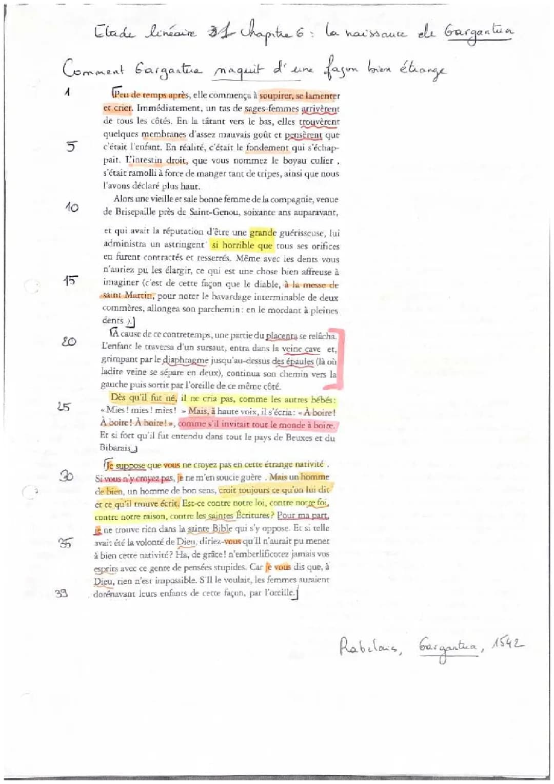 Analyse linéaire La naissance de Gargantua - Chapitre 6 Gargantua PDF