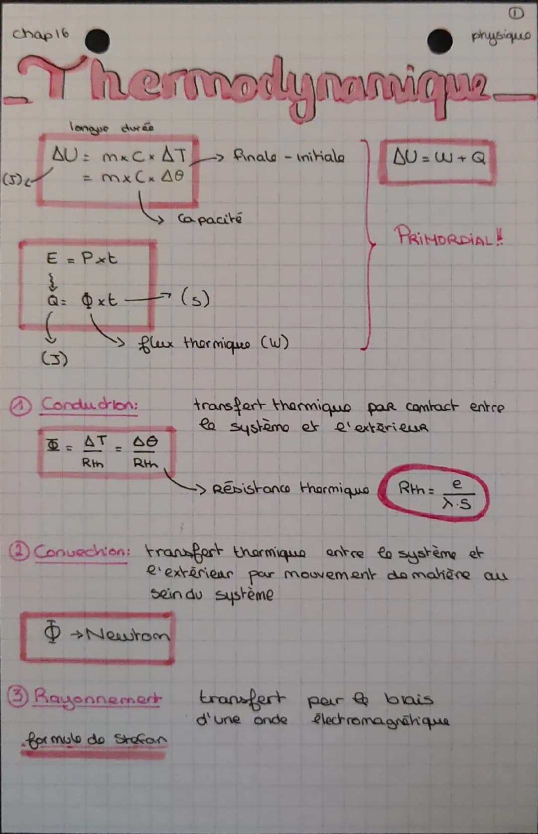 Chap 16
physique
hermodynamique
longue durée
(5)
AU= mxCx AT
= mx C x so
Finale - Initiale
DU=W+Q
E = Pxt
Capacité
(s)
flux thermique (w)
Q=