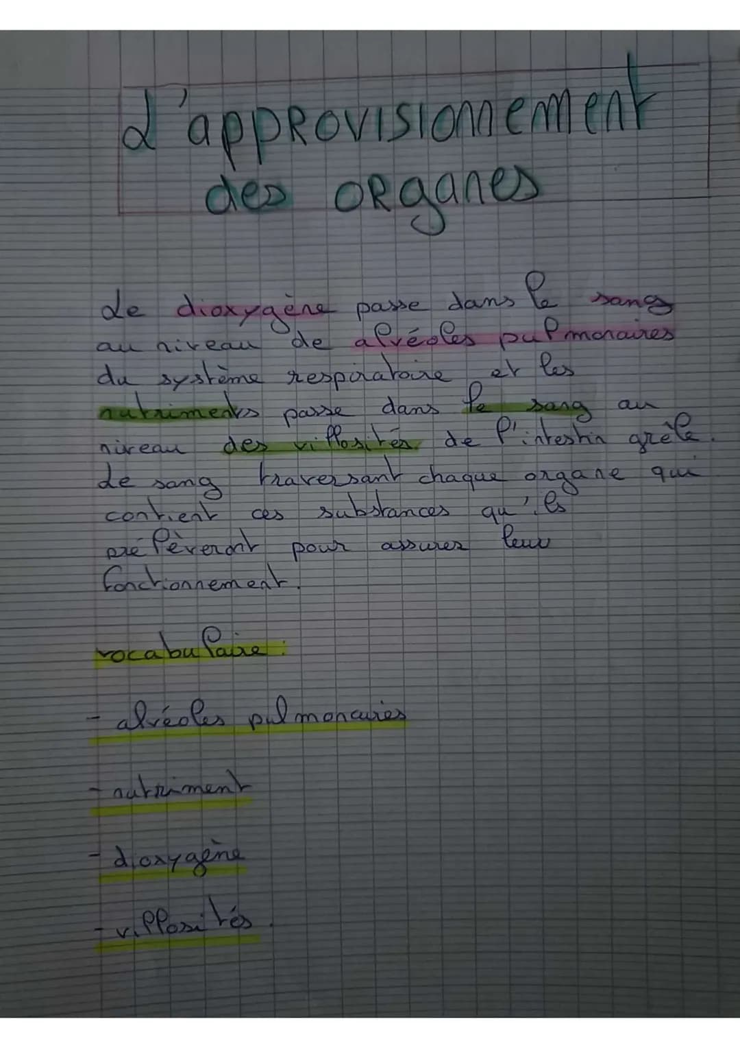 d'approvisionement
des organes
de dioxygène passe dans le
au niveau
du système respiratoire
nutriments
dans
niveau
de
sang
contient ces
autr