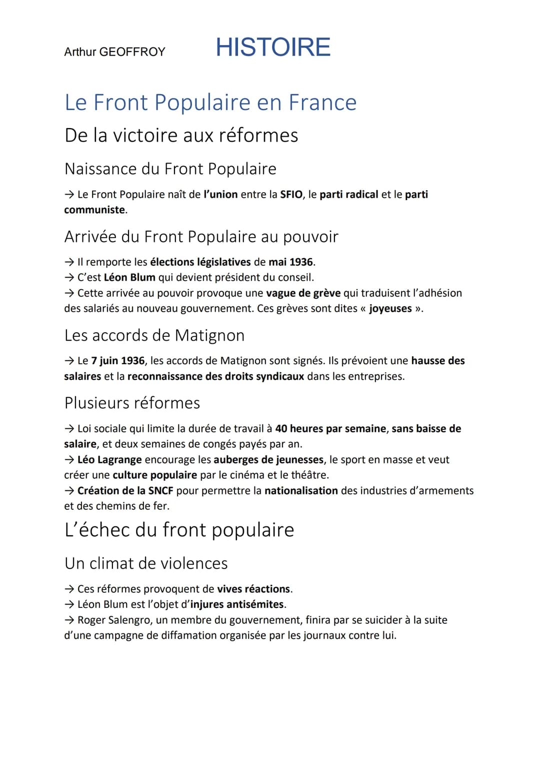 Arthur GEOFFROY
HISTOIRE
Le Front Populaire en France
De la victoire aux réformes
Naissance du Front Populaire
→ Le Front Populaire naît de 