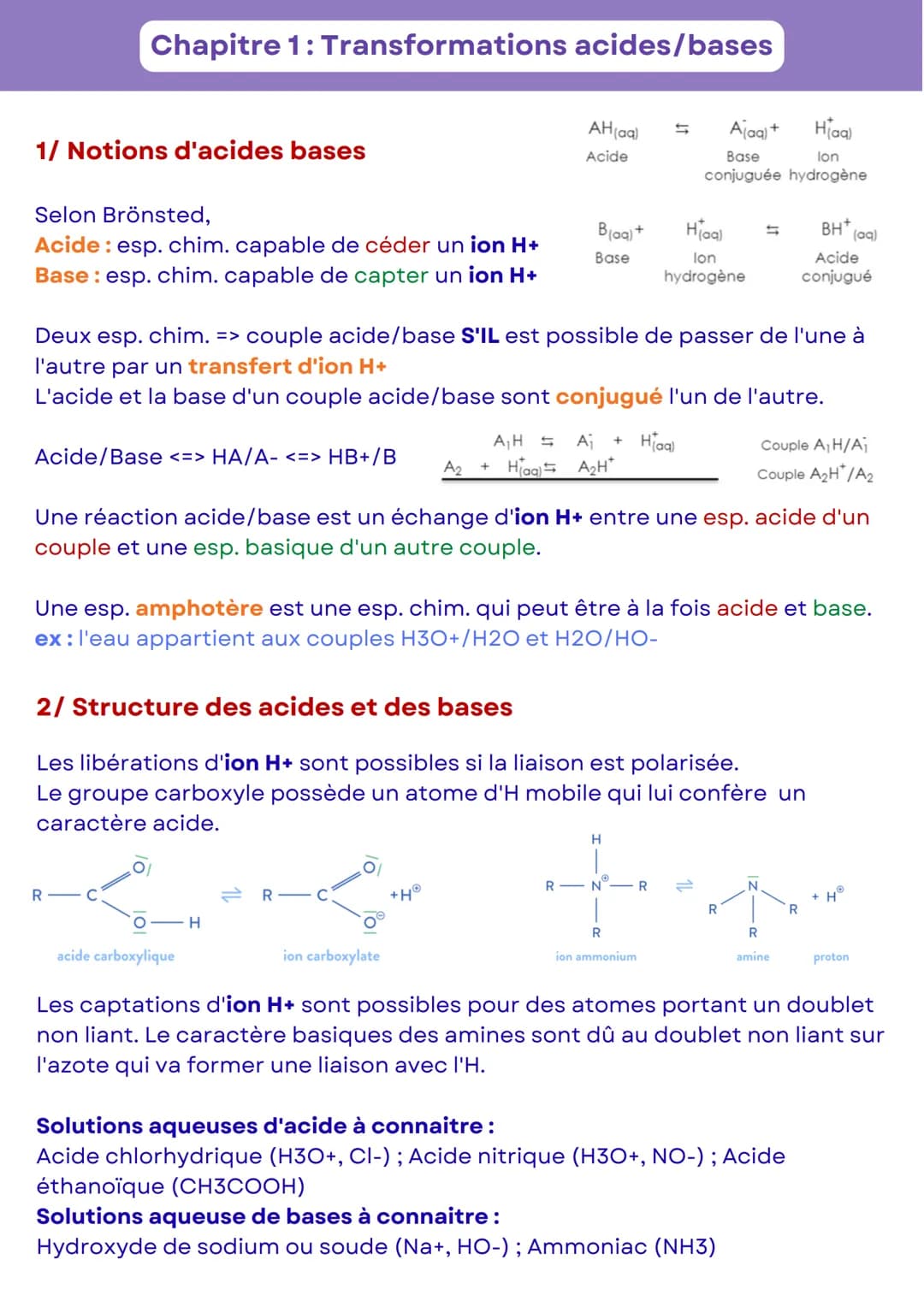 Chapitre 1: Transformations acides/bases
1/ Notions d'acides bases
Selon Brönsted,
Acide: esp. chim. capable de céder un ion H+
Base: esp. c