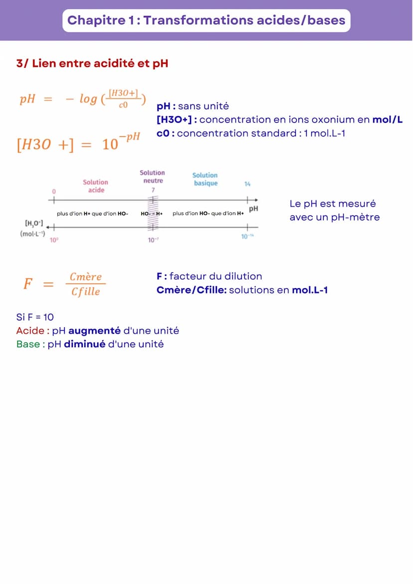 Chapitre 1: Transformations acides/bases
1/ Notions d'acides bases
Selon Brönsted,
Acide: esp. chim. capable de céder un ion H+
Base: esp. c