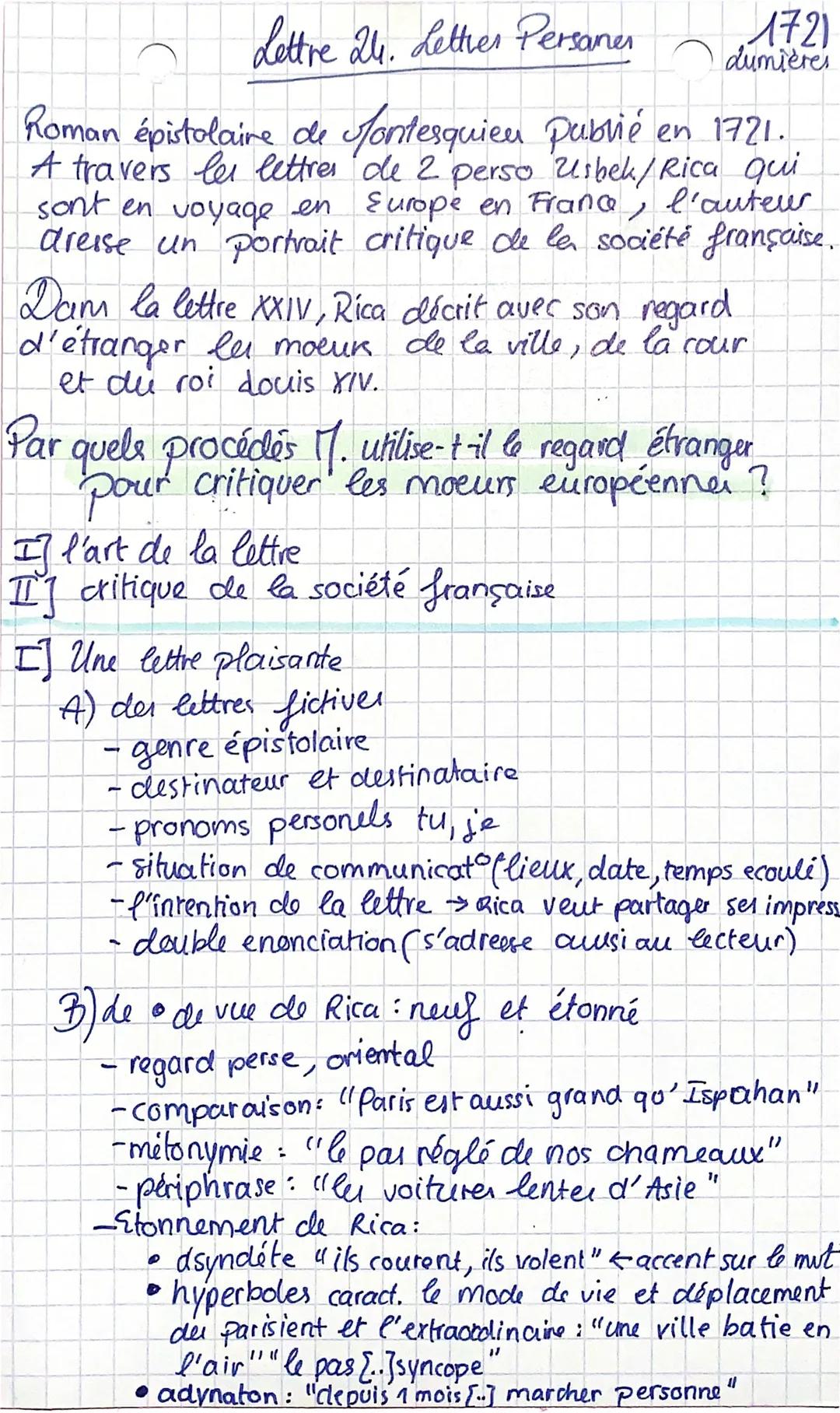 # Lettre 24. Letties Persanes
1721
dumières

Roman épistolaire de fontesquieu Publié en 1721.
A travers les lettres de 2 perso Usbek/Rica qu