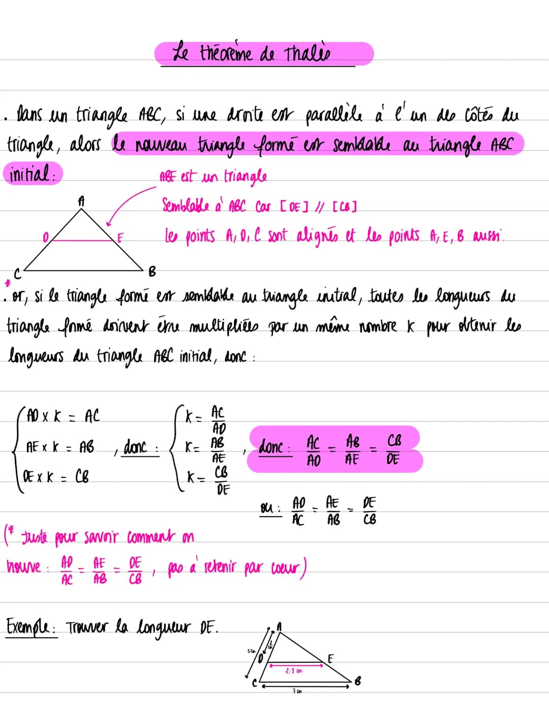 Dans un triangle ABC, si une droite est parallèle à l'un des côtés du
triangle, alors le nouveau triangle formé est semblable au triangle AB