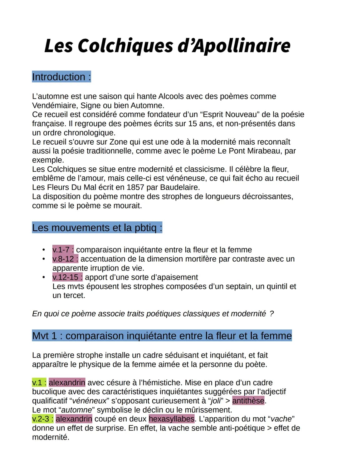 Les Colchiques d'Apollinaire
Introduction :
L'automne est une saison qui hante Alcools avec des poèmes comme
Vendémiaire, Signe ou bien Auto