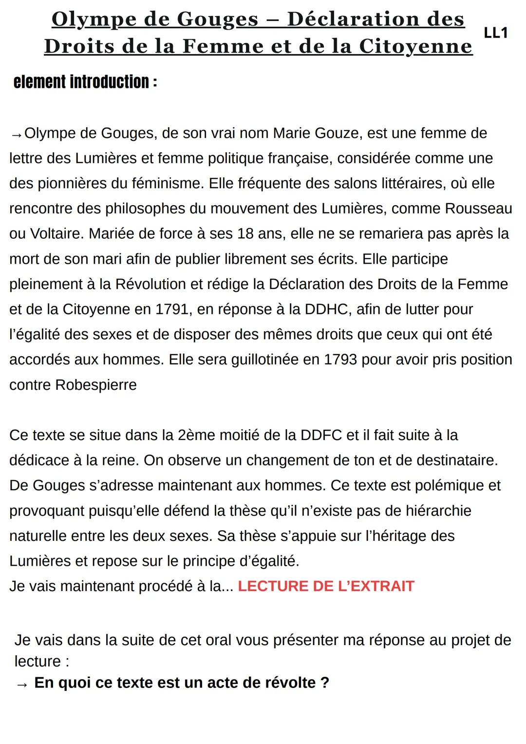Analyse linéaire "adresse aux hommes" Olympes de Gouges