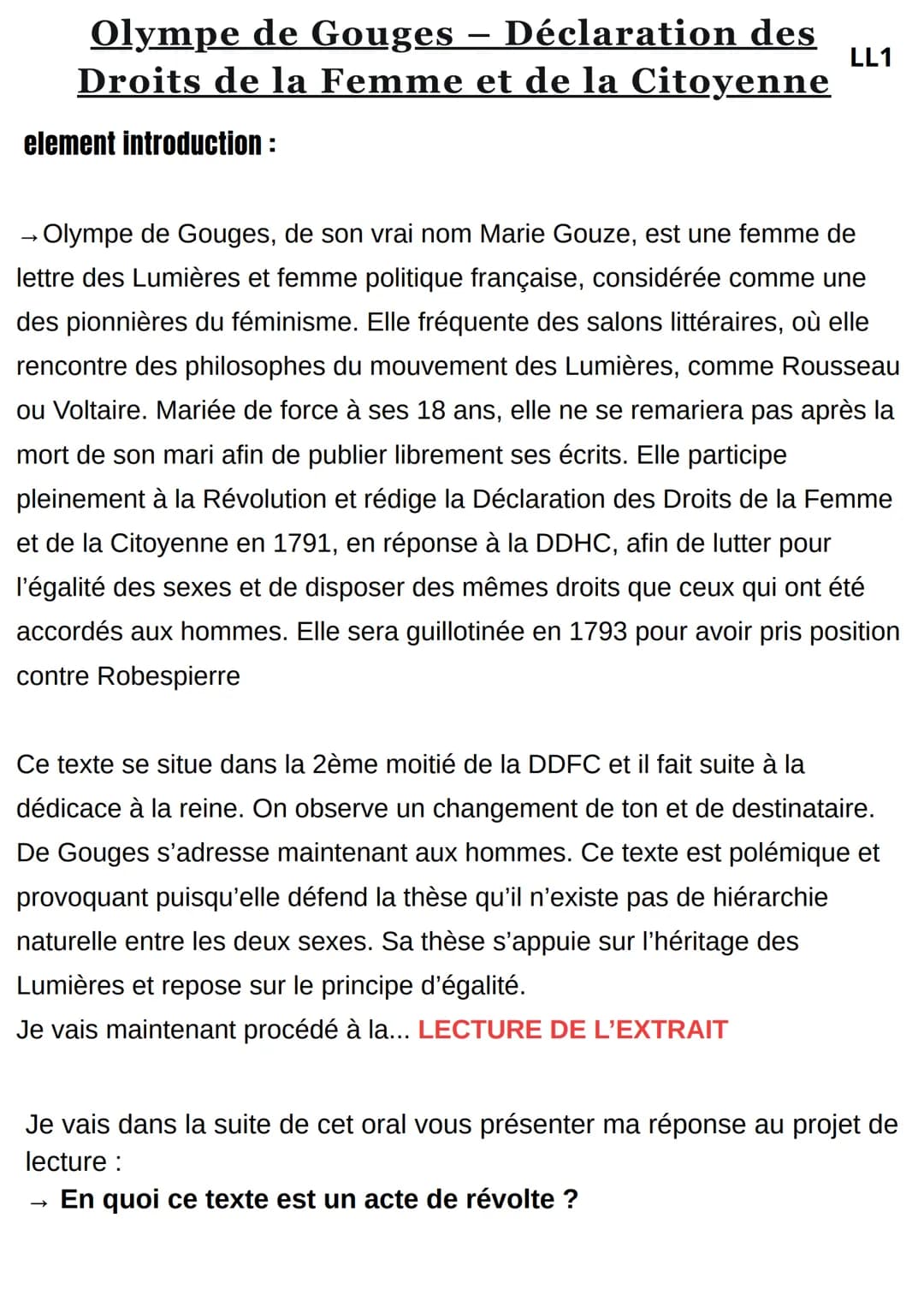 Analyse linéaire "adresse aux hommes" Olympes de Gouges