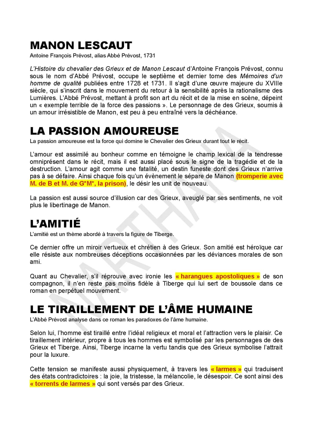 L'essentiel pour la dissertation sur Manon Lescaut (Abbé Prévost, 1731)
