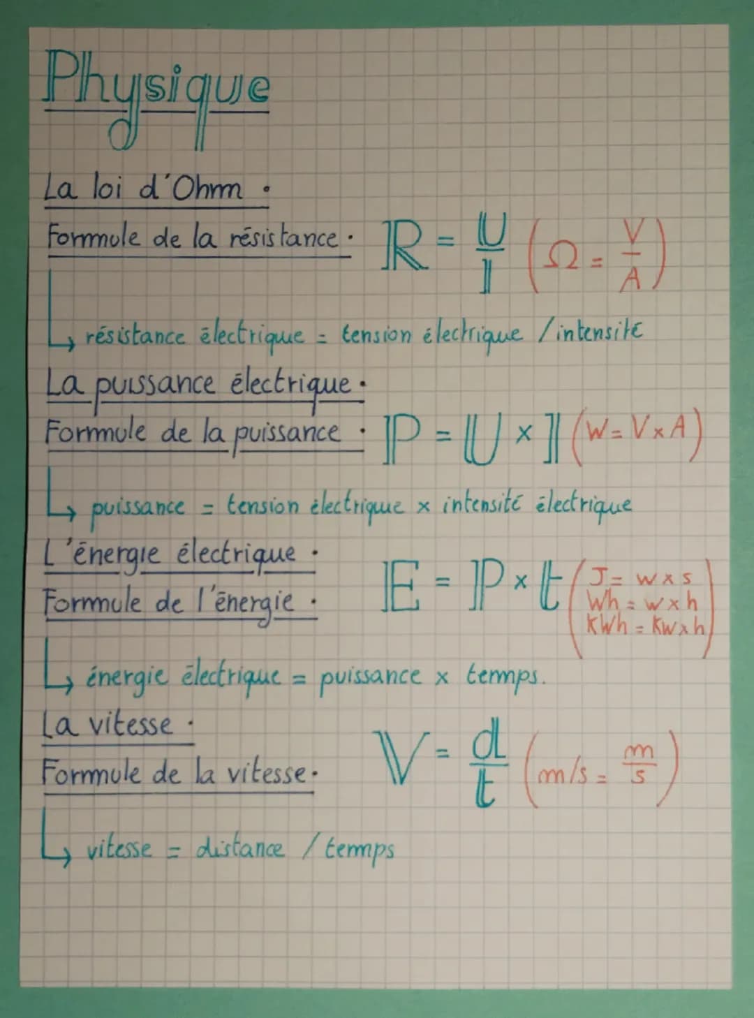 Physique
La loi d'Ohmm.
Formule de la résistance · R=
R = 1/4 (Q² = 1 )
Ω
A
✓ résistance électrique - tension électrique / intensite
=
La pu