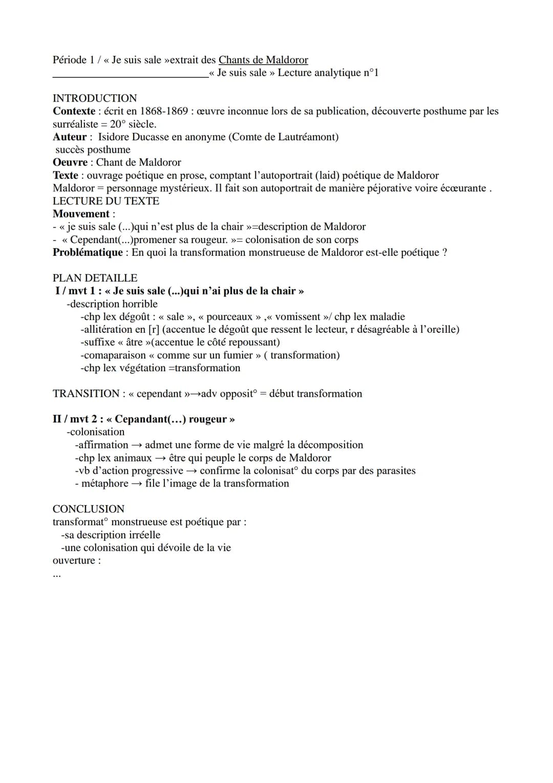 Période 1/«< Je suis sale »extrait des Chants de Maldoror
<< Je suis sale » Lecture analytique n°1
INTRODUCTION
Contexte : écrit en 1868-186