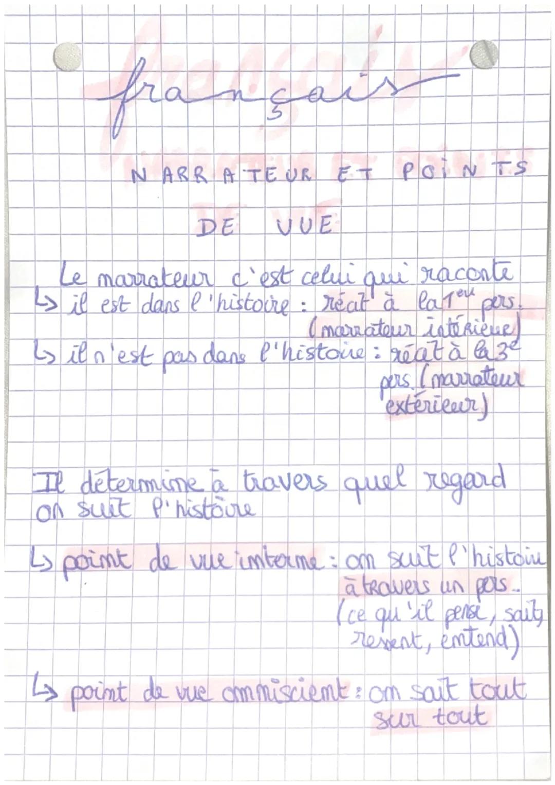 français
N ARR ATEUR ET POINTS
DE
VUE
Le marrateur c'est celui qui raconte
> il est dans l'histoire : reat à la 10 pers
(marrateur intérieur