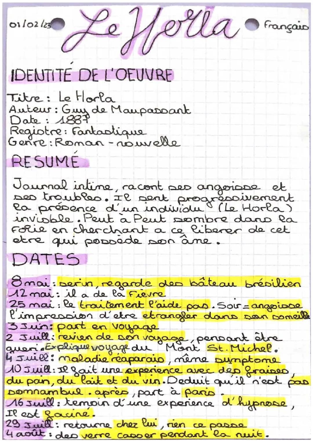 Le Horla : résumé, analyse 4ème, questionnaire corrigé et fiche de lecture PDF