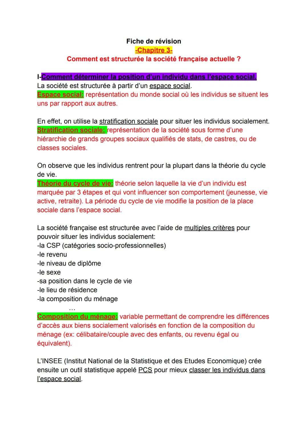 Fiche de révision
-Chapitre 3-
Comment est structurée la société française actuelle ?
I-Comment déterminer la position d'un individu dans l'