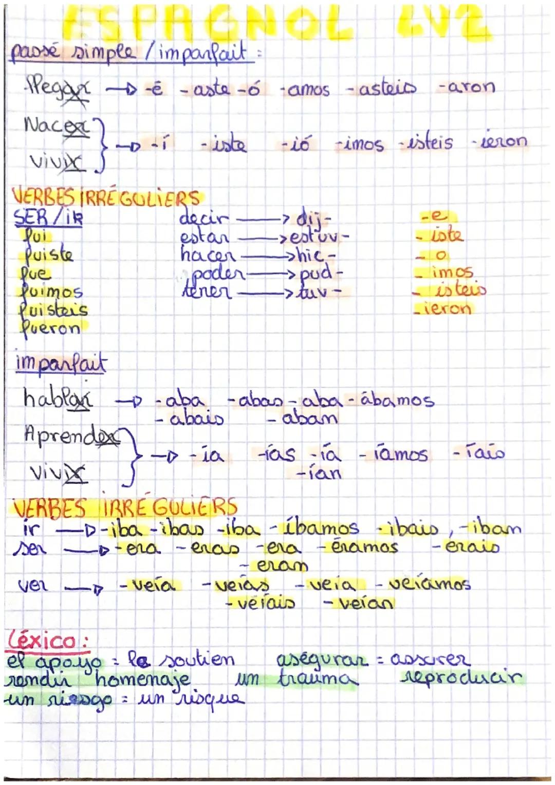 # ESPAGNOL EVE

passé simple/imparfait:

Pegar-é-aste-ó-amos-asteis -aron

Naco?
vivx.
}
-D
- - iste
-ió imos esteis seron

VERBES IRRÉGULIE