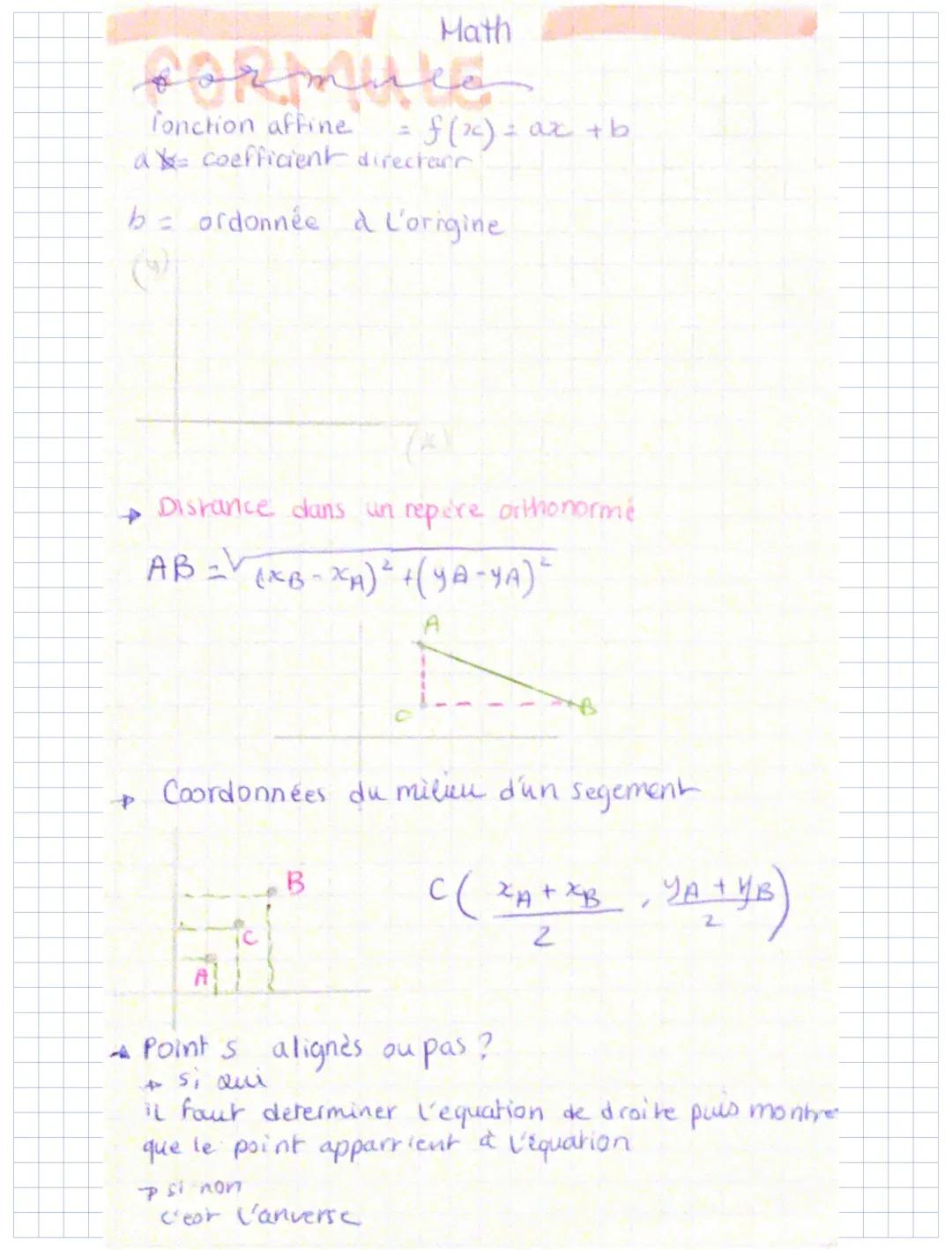 Math
# formule
fonction affine = f(x) = ax + b
a coefficient directare

b = ordonnée à L'origine

→ Distance dans un repère orthonormé
$AB=\