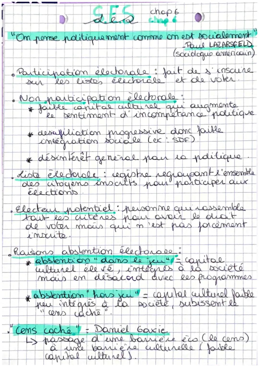 هقه
ава спарь
"Om pense politiquement comme on est socialement
-Paul LAZARSFELD
(sociologue américain)
• Participation électorale fait de s'