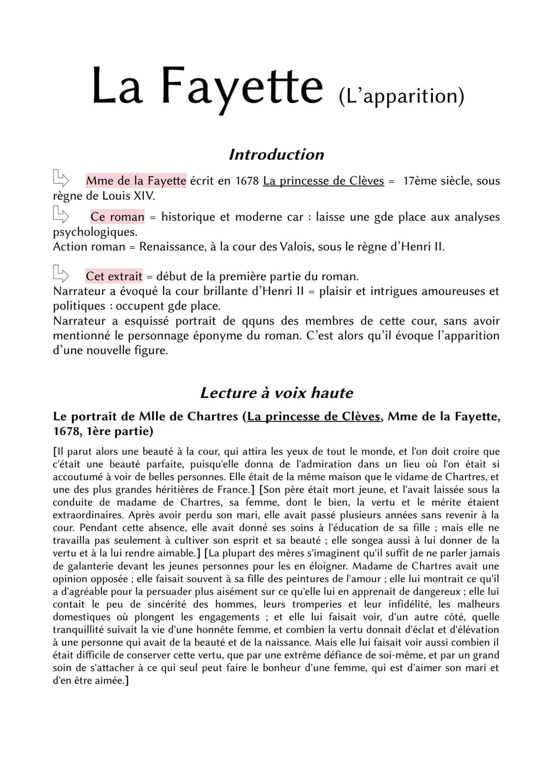 La Fayette
(L'apparition)
Introduction
Mme de la Fayette écrit en 1678 La princesse de Clèves = 17ème siècle, sous
règne de Louis XIV.
4 Ce 
