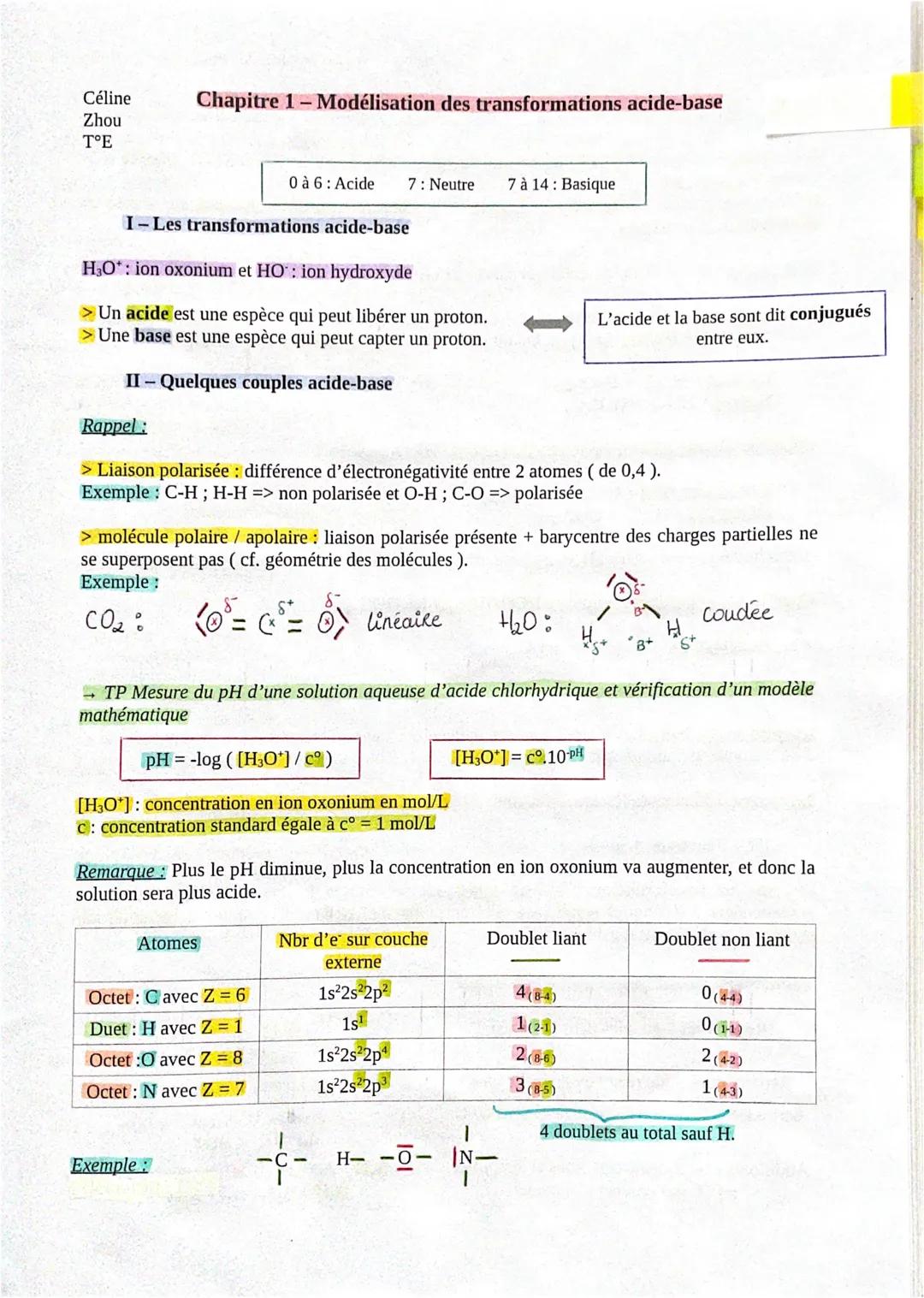 Céline
Zhou
TE

# Chapitre 1- Modélisation des transformations acide-base

0 à 6: Acide 7: Neutre 7 à 14: Basique

I-Les transformations aci