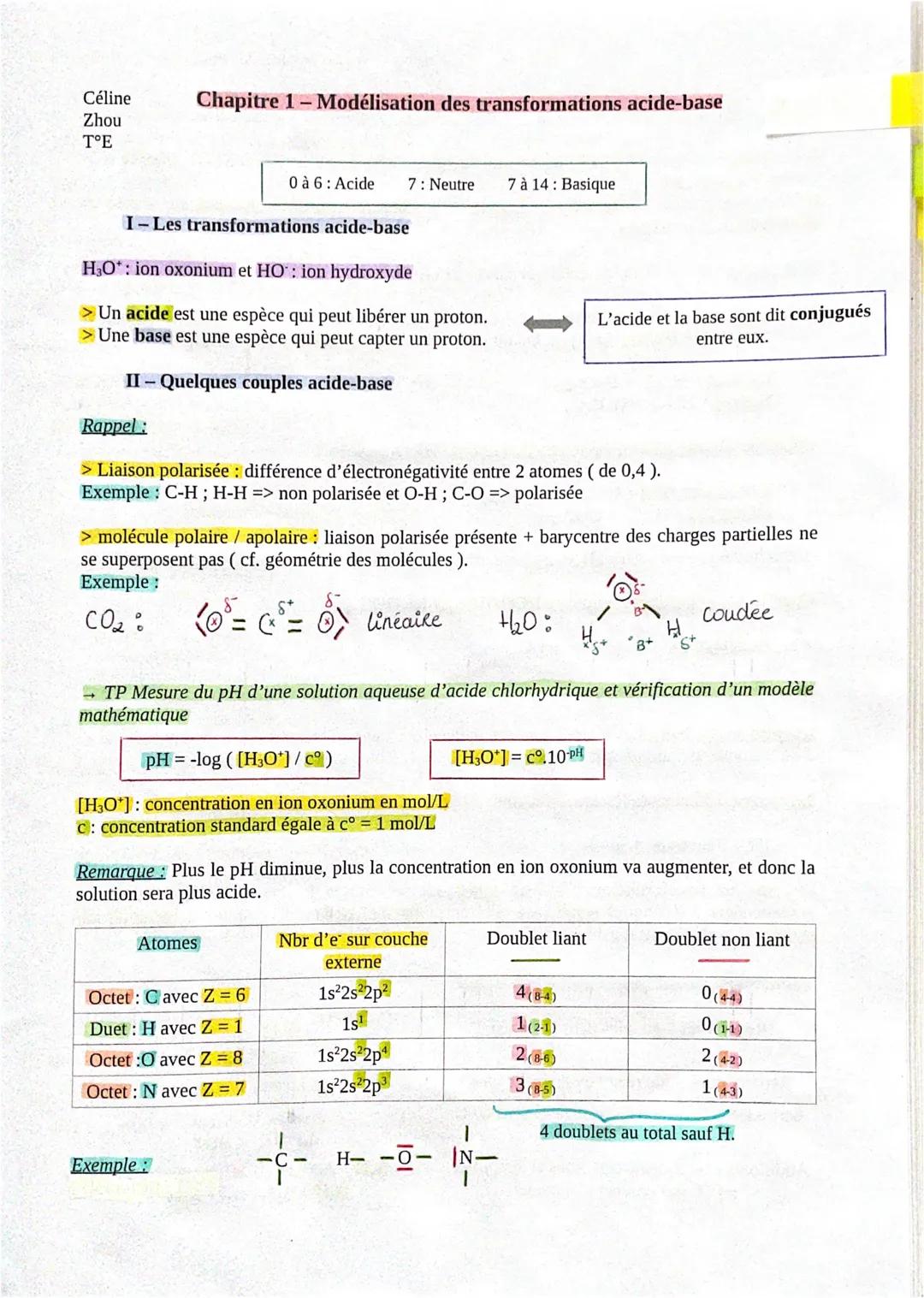 Céline
Zhou
T°E
Chapitre 1 - Modélisation des transformations acide-base
I-Les transformations acide-base
H₂O*: ion oxonium et HO: ion hydro