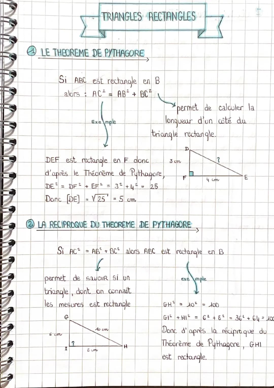 LE THEOREME DE PYTHAGORE
Si ABC est rectangle en B
alors AC² = AB² + BC²
Si AC²
TRIANGLES RECTANGLES
DEF est rectangle en F donc
d'après le 