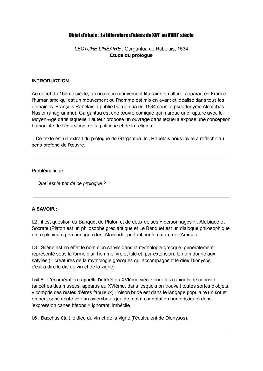 INTRODUCTION
Objet d'étude: La littérature d'idées du XVI* au XVIII* siècle
LECTURE LINÉAIRE: Gargantua de Rabelais, 1534
Étude du prologue
