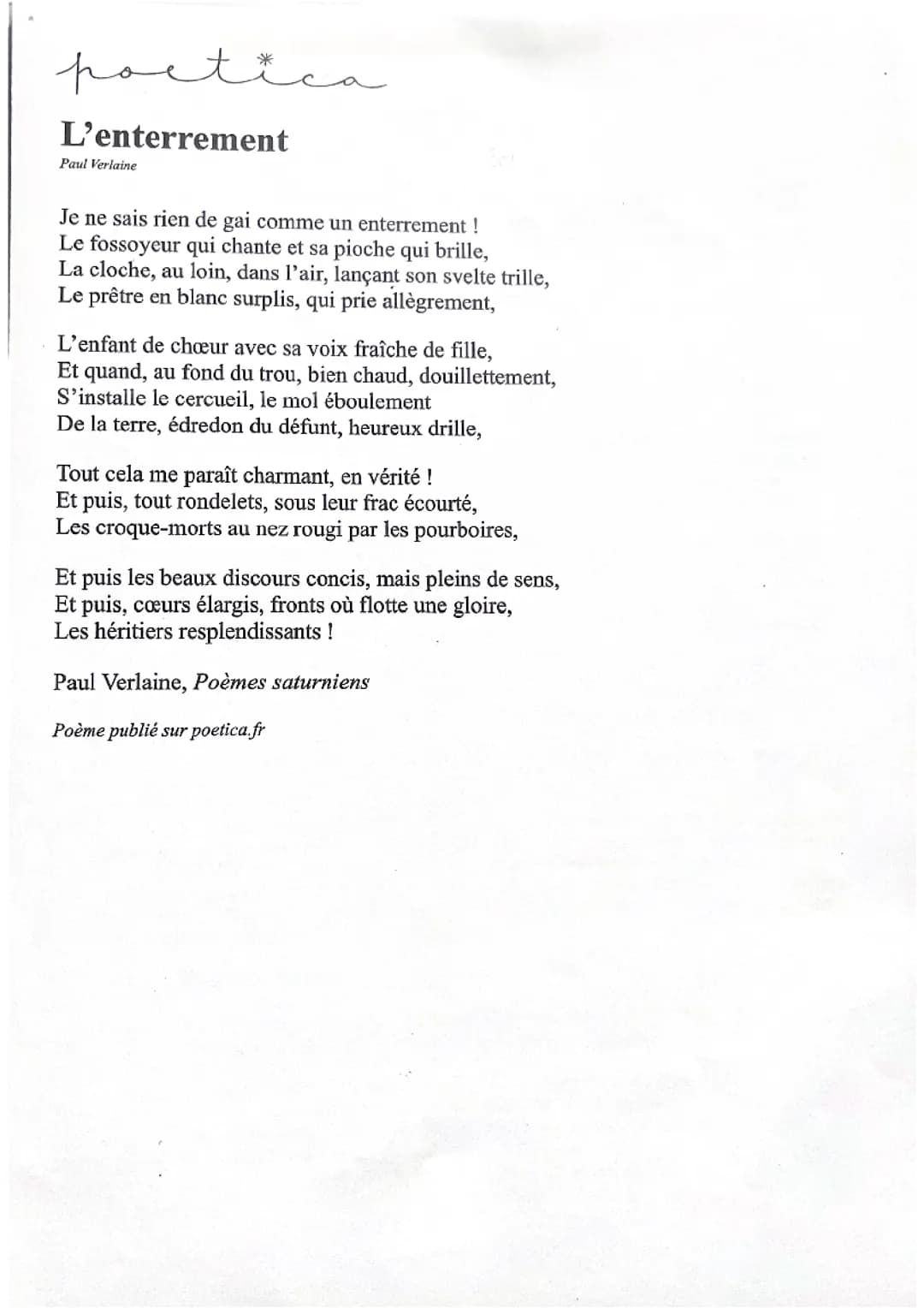 Analyse linéaire L’Enterrement de Paul Verlaine