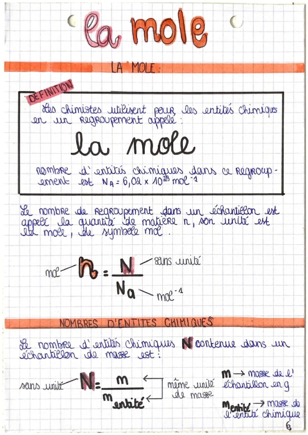 C
la mole
LA MOLE
DEFINITION
Les chimistes utilisent pour les entités chimiques
en un Regroupement appelé
la mole
nombre d'entités chimiques