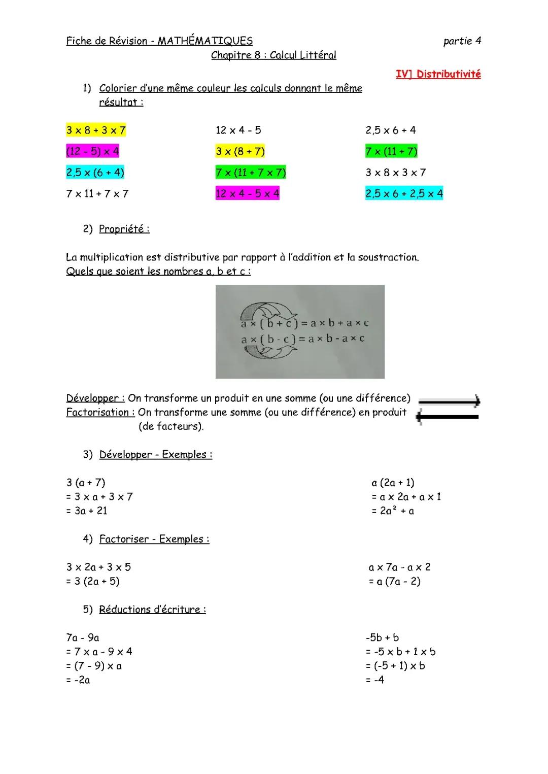 FICHE DE RÉVISION - MATHÉMATIQUES (CALCUL LITTÉRAL) partie 4/5