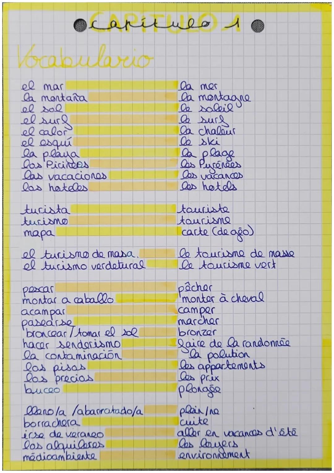 Ocapitulo 1
Vocabulario
el mar
la montaña
el sol
el surf
el calor
el esquí
la playa
las Pirineos
las vacaciones
las hoteles
turista
turismo
