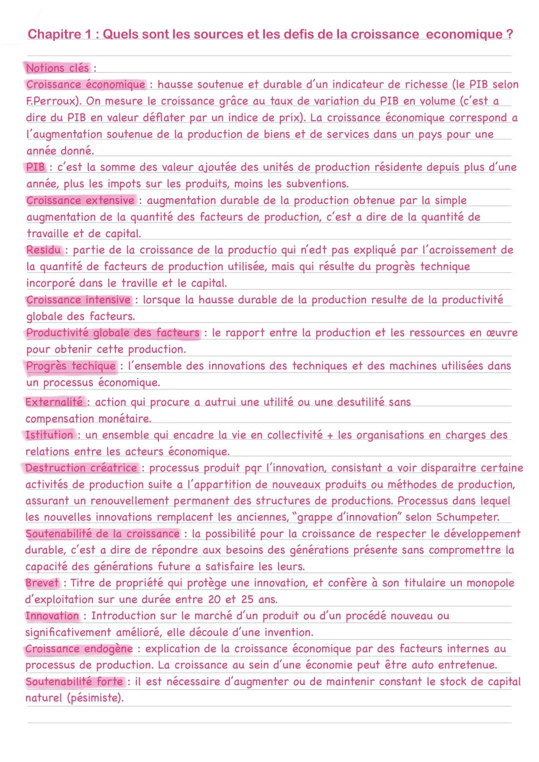 Chapitre 1 : Quels sont les sources et les defis de la croissance economique ?
Notions clés :
Croissance économique: hausse soutenue et dura