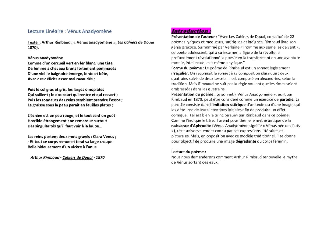 Fiche révision bac français 2024 - Vénus anadyomène analyse linéaire PDF