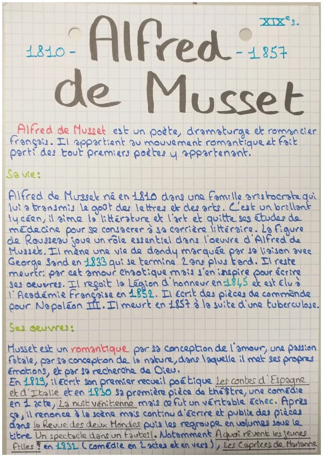 Alfred
de Musset
Alfred de Musset est un poète, dramaturge et romancier
français. Il appartient au mouvement romantique et fait
parti des to