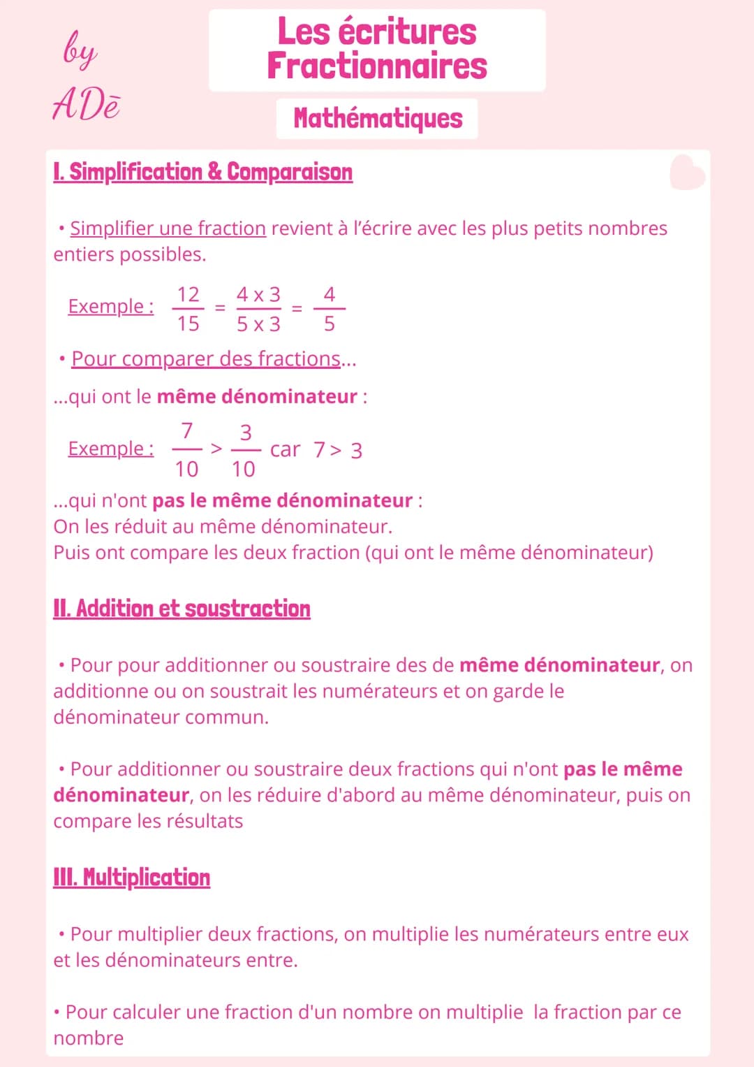 by
ADē
Les écritures
Fractionnaires
Mathématiques
I. Simplification & Comparaison
•Simplifier une fraction revient à l'écrire avec les plus 