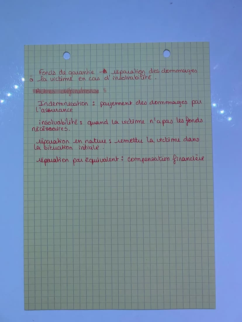 O
Fonds de garantie
a la victime en cas d'insolvabilité.
Autres définitions :
C
reparation des dommages
Indemnisation : payerment des dommag