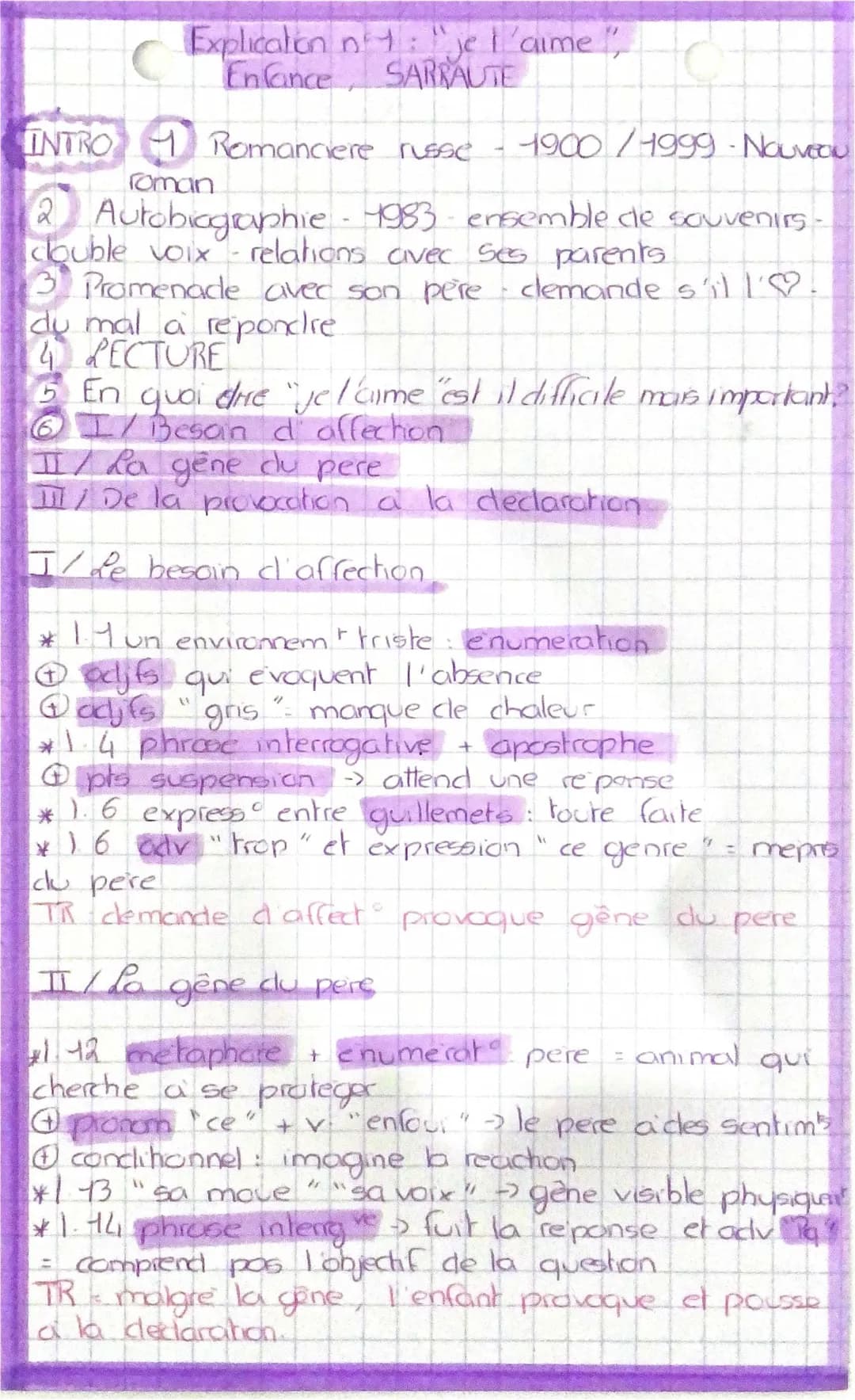 Analyse linéaire Enfance de Nathalie Sarraute pour le bac en français