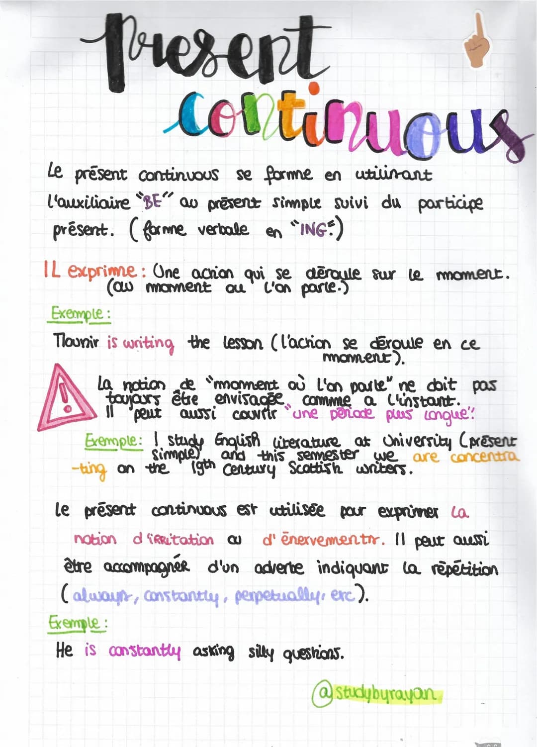 present
continuous
Le présent continuous se forme en utilisant
l'auxiliaire "BE" au présent simple suivi du participe
présent. (forme verbal