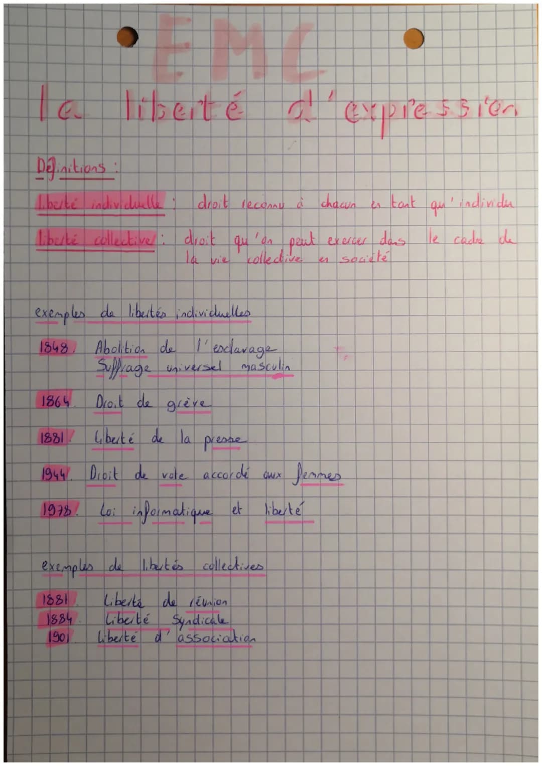 ta
liberté d'
Definitions :
liberté individuelle
liberté collective: droit
droit recome à
qu
'On
la vie collective
exemples de libertés indi