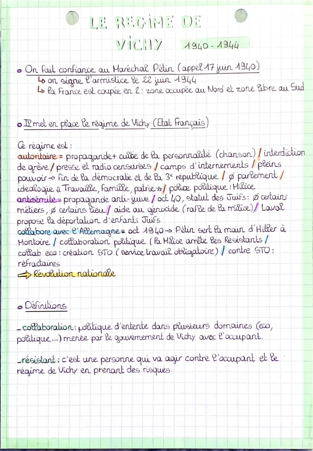 LE REGIME DE
Vichy
1940-1944
• On fait confiance au Maréchal Pétin (appel 17 juin 1940)
Lo on signe l'armistice le 22 juin 1944
Lola France 