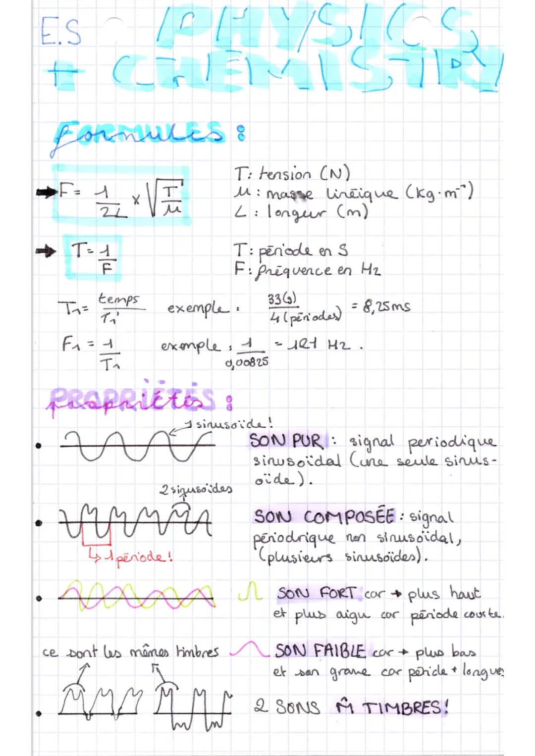 E.S
PHYSICS
+ CHEMISTRY
Formules:
12/12/
Tlad alu
T=1
[HA
T: tension (N)
M: masse lineique (kg⋅m²)
L: longur (m)
temps
イベ
F₁ = = = ₁
proprie