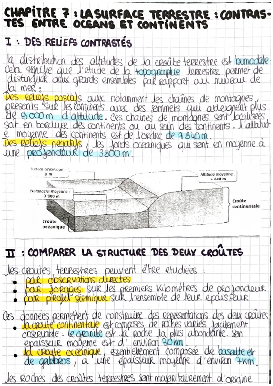 8
CHAPITRE 7: LA SURFACE TERRESTRE : CONTRAS-
TES ENTRE OCEANS ET CONTINENTS
I: DES RELIEFS CONTRASTÉS
la distribution des altitudes de la c