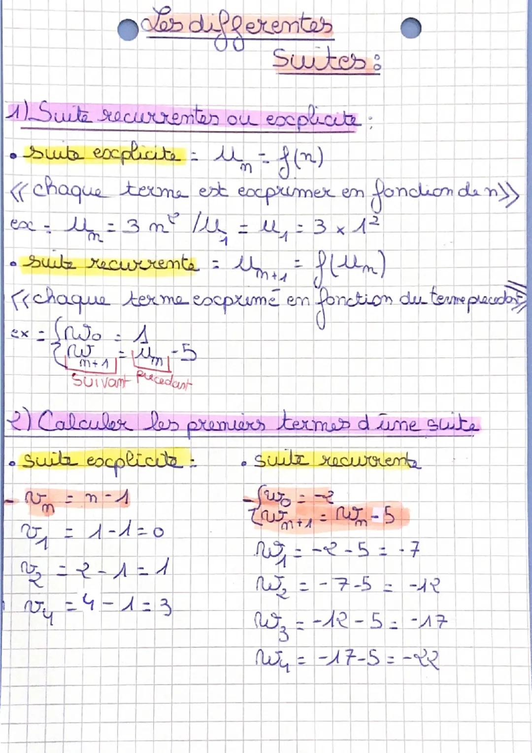 # Les differentes
Suites:

1) Suite recurrentes ou explicate;

• Suite excplicite = $U_m = f(n)$

<<chaque terme est exprimer en fonction de