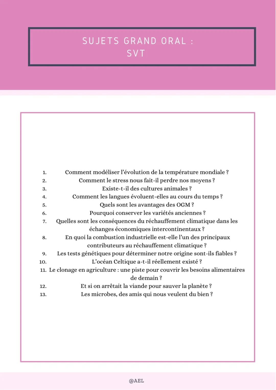 1.
2.
3.
4.
5.
6.
7.
8.
SUJETS GRAND ORAL :
SVT
12.
13.
Comment modéliser l'évolution de la température mondiale ?
Comment le stress nous fa