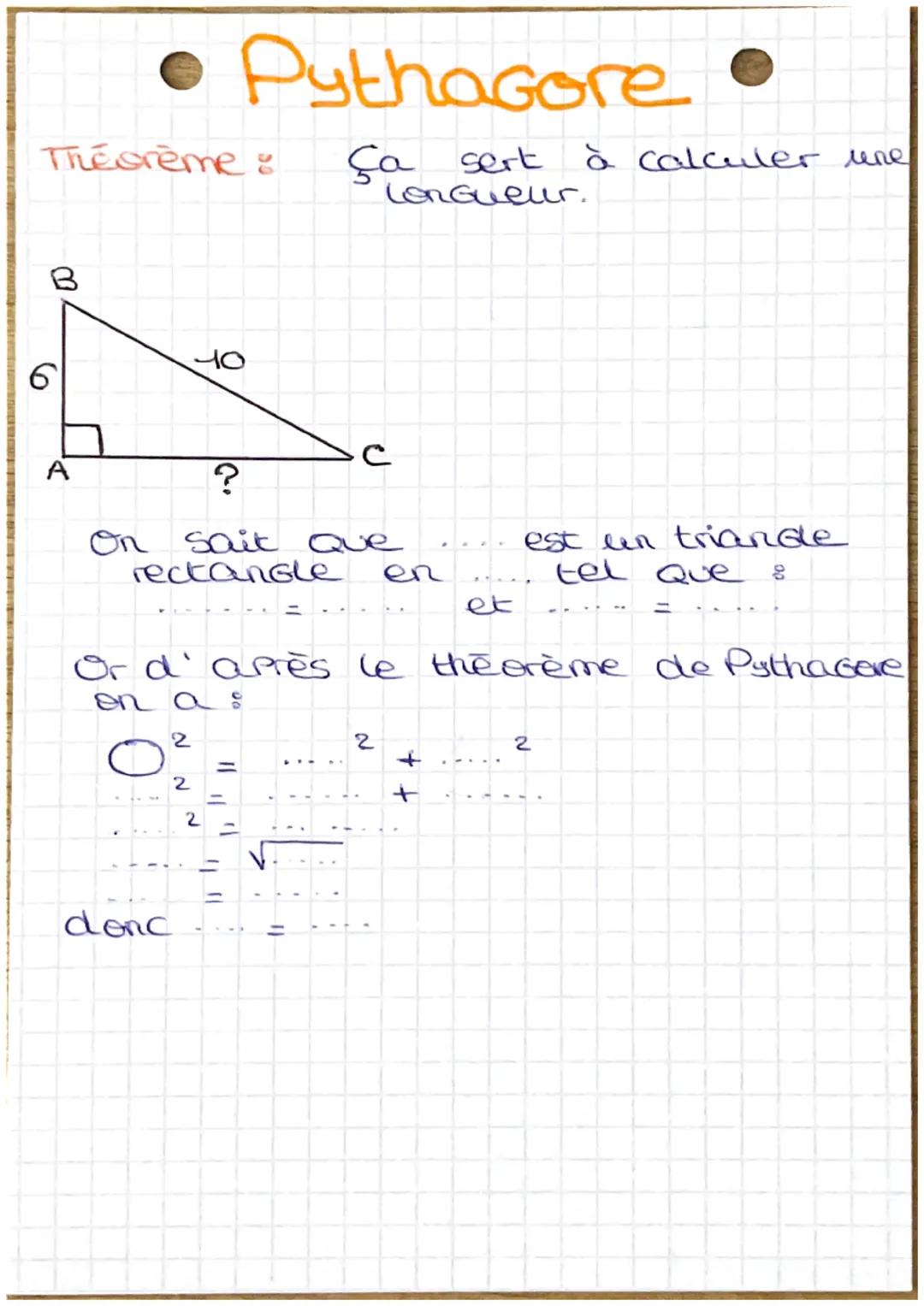 The srème :
♡
• Pythagore •
A
40
donc
?
On sait Que
rectangle
2
2
2
-
Or d'après le the orème de Pythagore
en ac
C
=
Ça sert à calculer une
