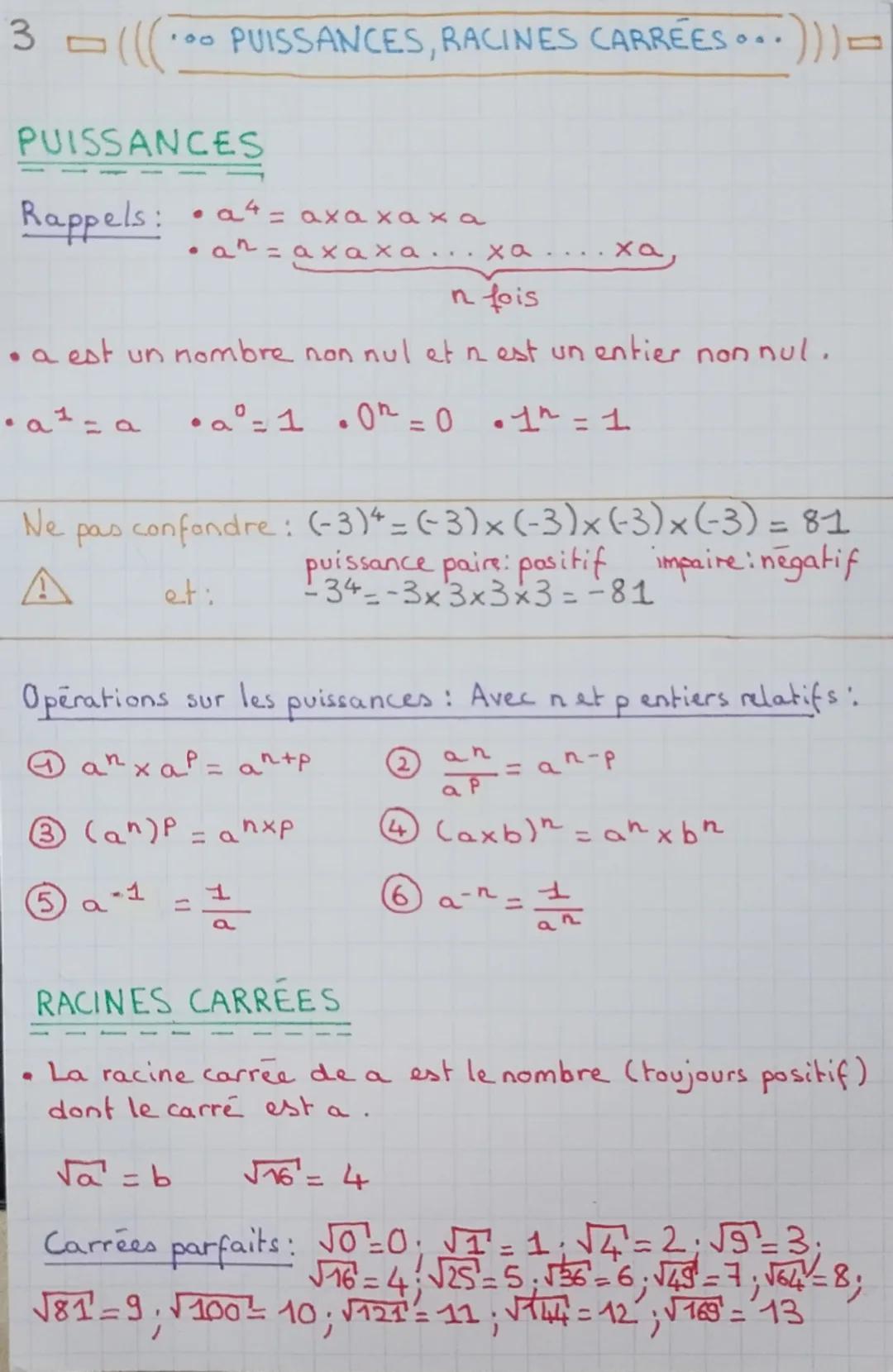 3 = (((
000
PUISSANCES, RACINES CARREES...))) =
PUISSANCES
•
Rappels: a = axaxaxa
• a^= axaxa... xa
n fois
ха
• a est un nombre non nul et n